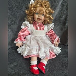 Blonde Hair Blue Eyed Porcelain Doll Classic Red and White Striped Dress